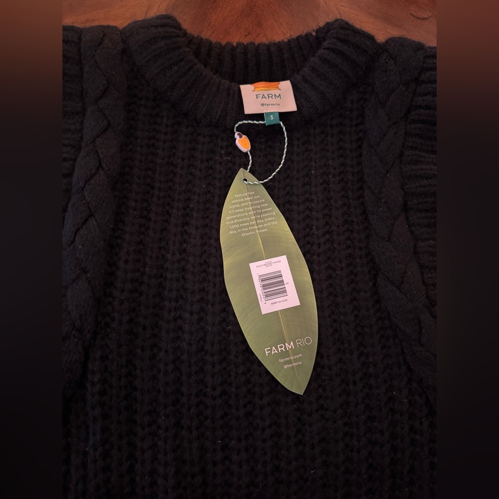 NEW! With Tags! Farm Rio Black Braided Sweater with pom-pom embellishments,Small - Picture 4 of 6
